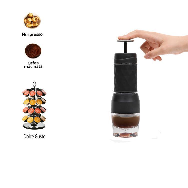 3-in-1 ManualCoffee Machine for Nespresso Capsules, GroundCoffee, Classic Style with Matte Plastic Finish,Multipurpose Handheld Operation, Reusable Filter,No Electricity Needed. Suitable For Coffee Powder Capsules