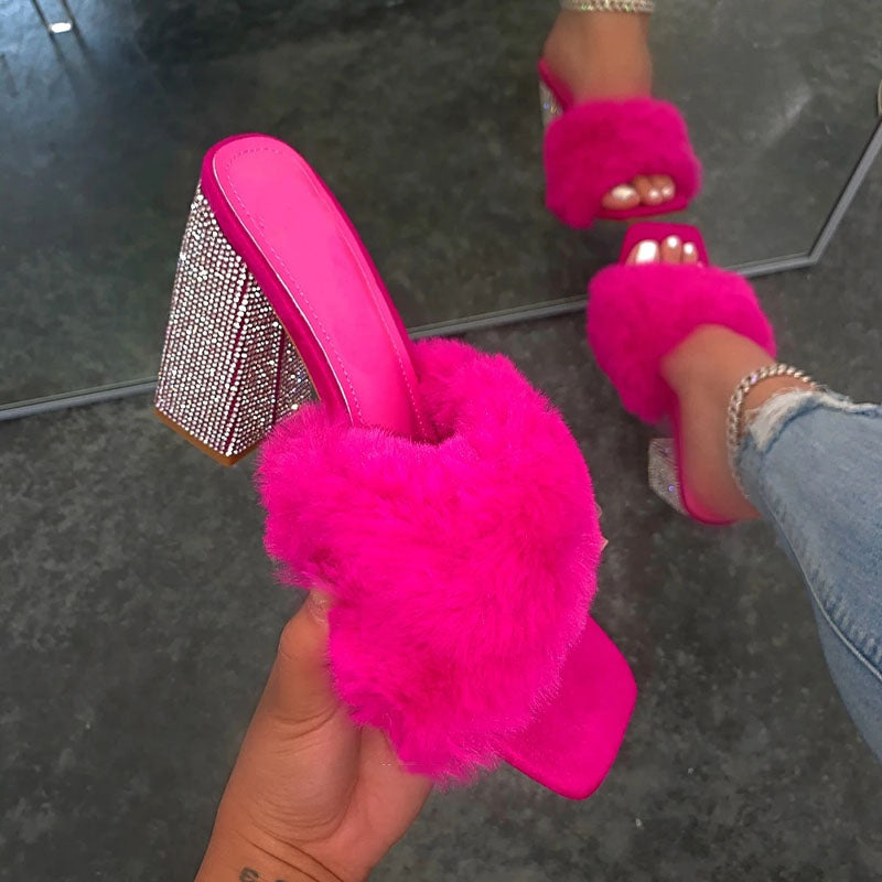 Women's Summer Fashion Rhinestone Fluffy High Heel Sandals