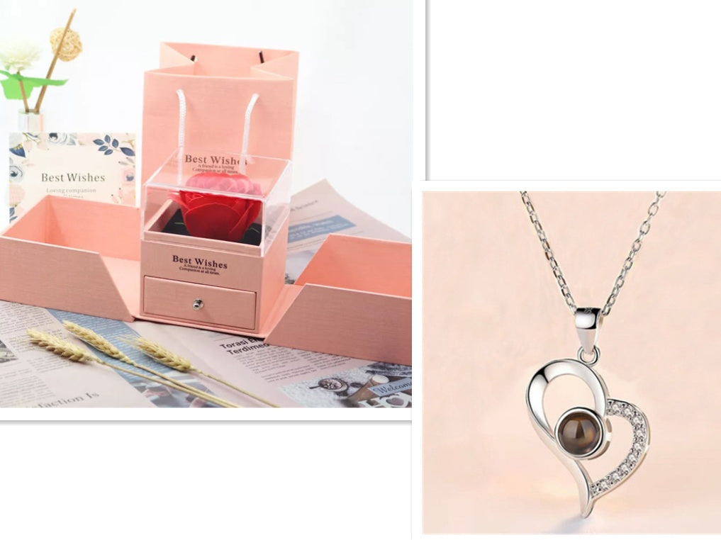 Heiße Valentinstagsgeschenke Metall Rose Schmuck Geschenkbox Halskette für Hochzeit Freundin Halskette Geschenke