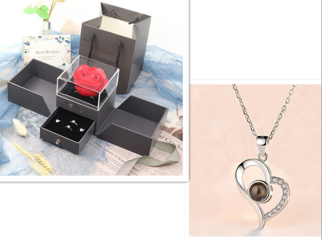 Heiße Valentinstagsgeschenke Metall Rose Schmuck Geschenkbox Halskette für Hochzeit Freundin Halskette Geschenke